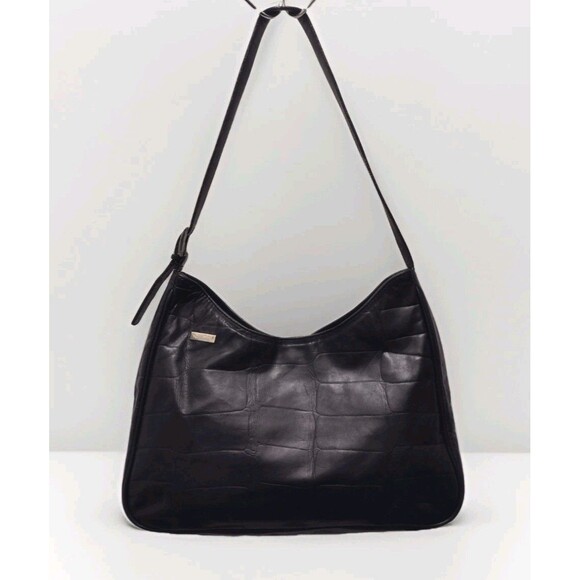 Vintage Italian Leather Bag Black Falor Le Borse Croc Embossed Velvet Lining - Picture 1 of 14